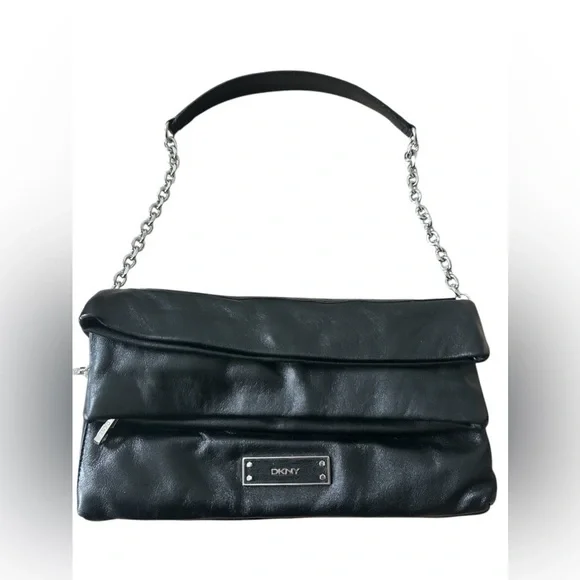 DKNY Black Leather Fold Over Women's Shoulder Bag NWOT - Picture 2 of 15